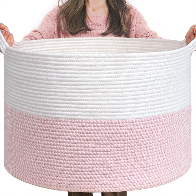 INDRESSME XXXLarge Woven Rope Blanket Basket Living Room Pink, 90L | Pink room by INDRESSME