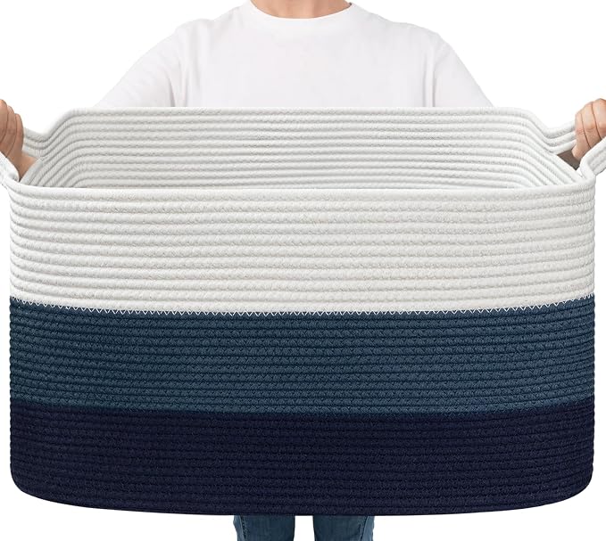 Goodpick Large Woven Rope Blanket Basket, Light Blue | 21.6'' x 14.9'' x 11.8'' by Goodpick