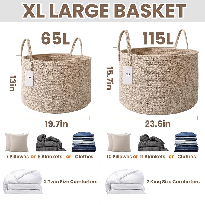 JMvicyroam 65L Extra Large Machine Washable Cotton Rope Blanket Basket | - Image 3