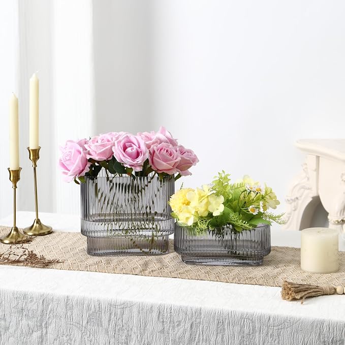 Short Glass Vases, Ribbed Vase for Flowers, Modern Small Vase for Living Room - Image 3