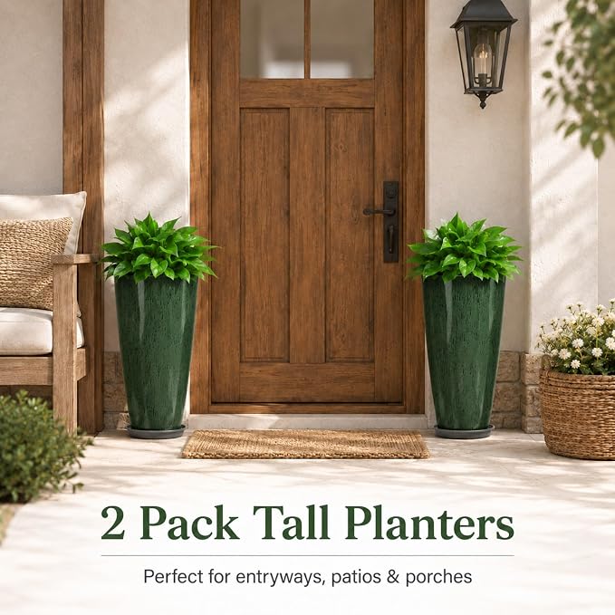 Neoaider Set of 2 Tall Planter, 21 inch Large Plastic Planter, Dark Green | - Image 4