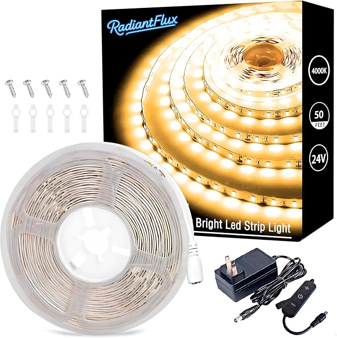 4000K 50Ft LED Strip Lights, Dimmable Natural White Indoor Lighting by RadiantFlux