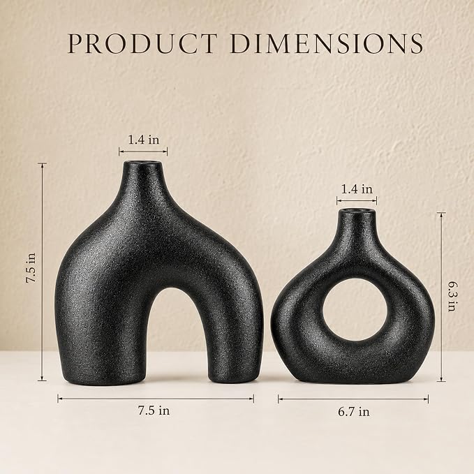Black Ceramic Flower Vase Home Decor Set of 2, Farmhouse Table Vases Rustic - Image 3