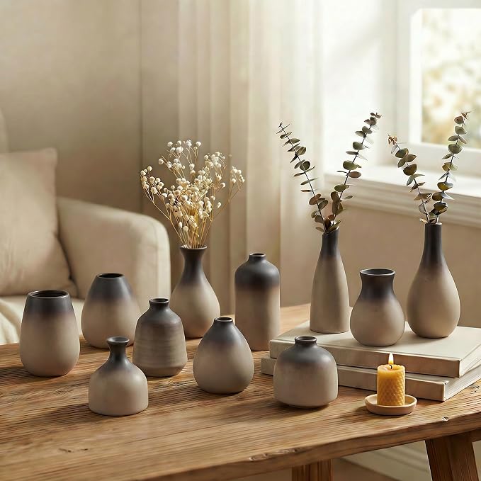 Ceramic Bud Vases, Rustic Small Vase Set of 11, Mini Pottery Vases - Image 2