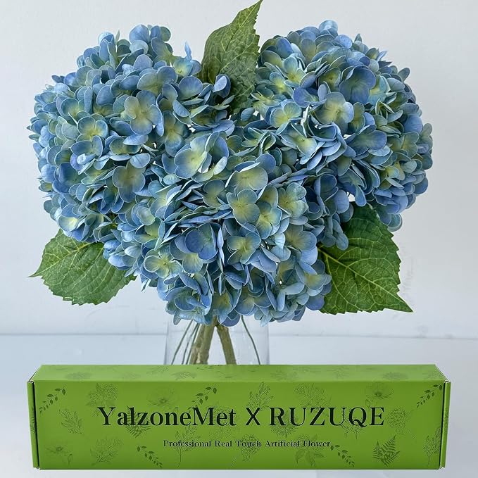 YalzoneMet 3 Pcs Blue/Green Hydrangea Artificial Flowers 21'' Real Touch Latex by YalzoneMet