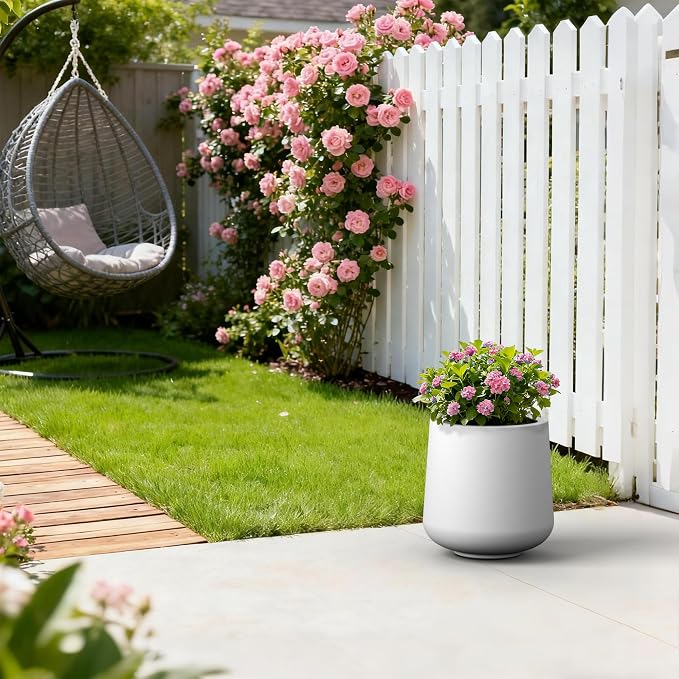 Kante Accent Round Curved White Concrete Planter 13" Dia, Outdoor | Rubber Plug - Image 4