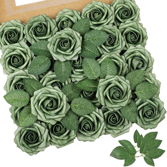 AmyHomie Green Rose 25pcs Real Looking Artificial Flowers w/Stem | Bouquet by AmyHomie