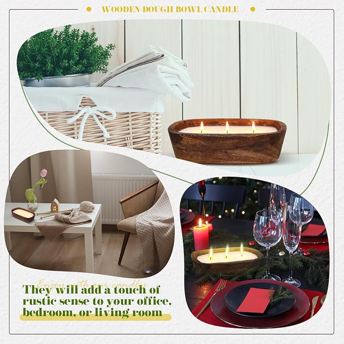 Threlaco 1 Pack 10 Inch Wood Dough Bowl Candles Home Rustic Dough Bowl Soy - Image 3