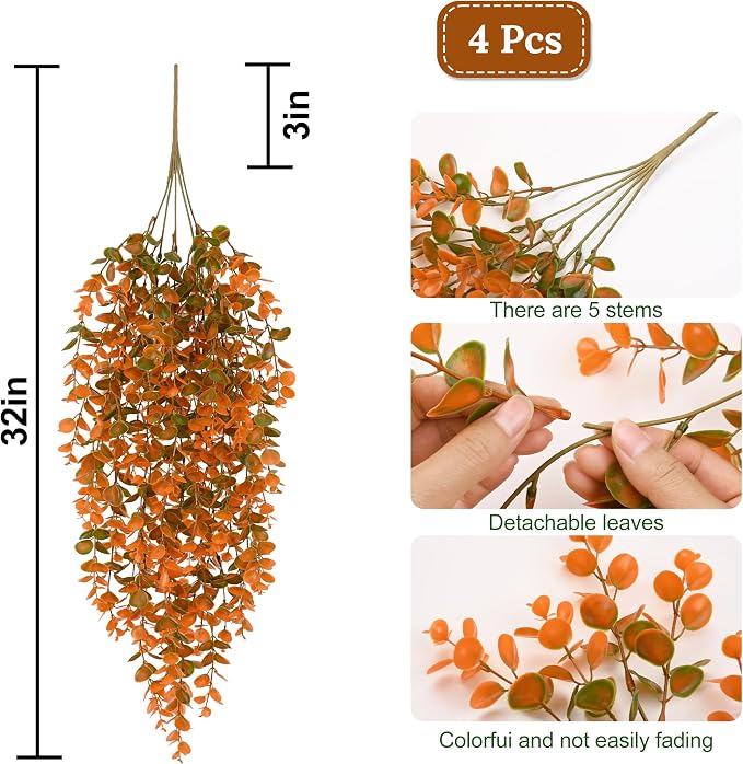4Pcs Fake Hanging Plants, Eucalyptus Leaves Fake Vines Fall Decor | UV - Image 4