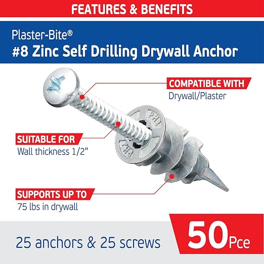 #8 Zinc Plaster Bite Self Drilling Drywall Anchors w/Screws – Heavy Duty Zinc - Image 2