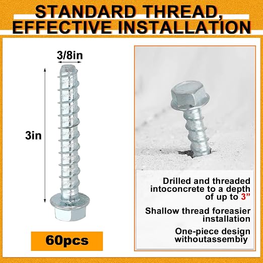 Hicarer 60 Pack 3/8 x 3 Inch Concrete Screws Galvanized - Image 2