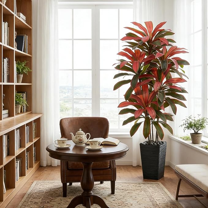 Artificial Dracaena Tree: 6FT Fake Plants Silk Faux Trees（Black Pot） | - Image 9