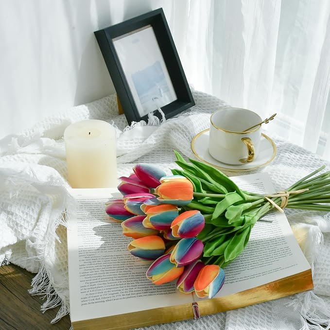 Mandy's 20pcs Artificial Rainbow Orange Tulips | 13.5 Inch Lifelike PU Tulips - Image 6