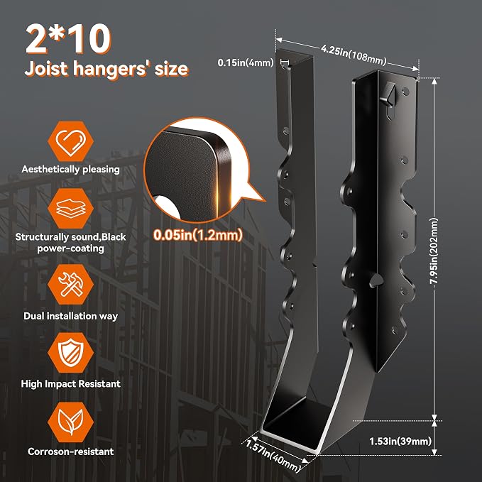 20 Pcs Black Joist Hangers 2X10, 18 Gauge Rafter Brackets, Hurricane Straps - Image 8