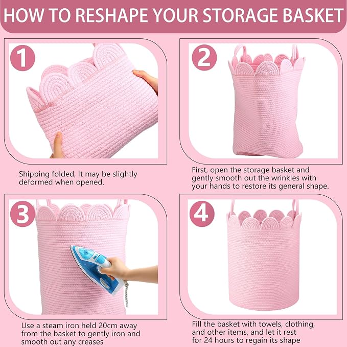 LemonRoad Round Woven Basket Pink, Cotton Rope Scalloped Edge Tassels, Nursery - Image 3
