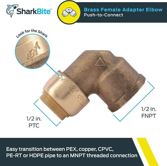 SharkBite 1/2 Inch x 1/2 Inch 90 Degree Female Adapter Elbow, Push to Connect - Image 2
