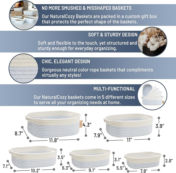 NaturalCozy 5-Piece Rectangle Storage Basket Set- Natural Cotton Rope Woven - Image 2