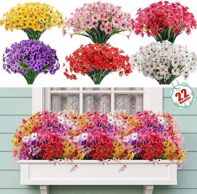 22 Pack Artificial Flowers for Outdoor Indoor Fake Plants | Faux Silk Flowers by Powbrace