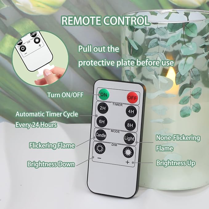Green Glass Flameless Candles Remote Timer Eucalyptus Leaves Greenery Design - Image 3