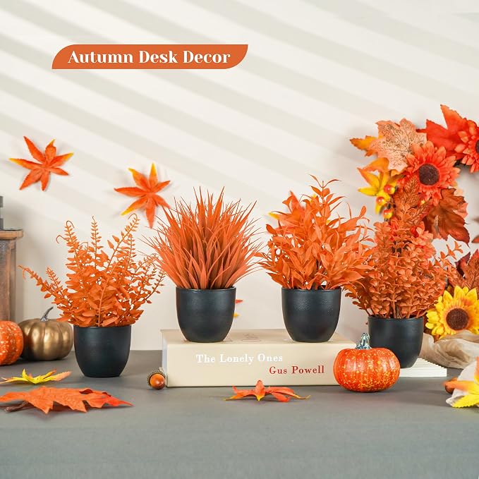 Der Rose 4 Pack Fall Fake Plants in Black Pots, Autumn Home Decor Indoor | - Image 2