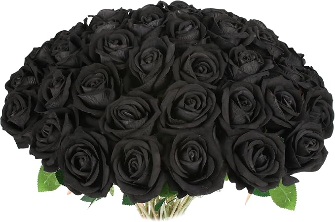 30 PCS Fake Black Roses, Artificial Flowers Bulk, Realistic Silk Faux Roses | by Jefuzh