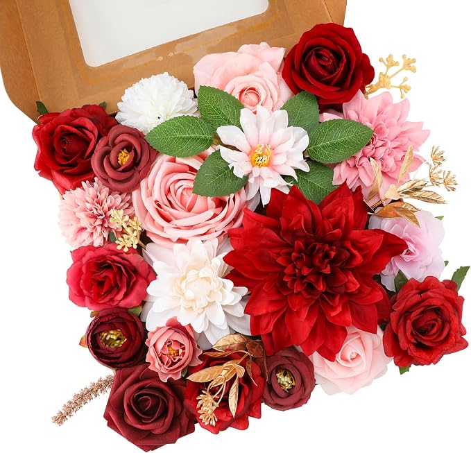 Artificial Flowers Combo Red Flowers Mix Silk Flowers Dahlia Roses by FloweroyalCrafts