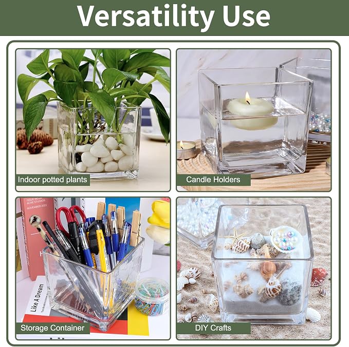 PINIWON 6 Pack Square Glass Vases 5 x 5 x 5 Inch, Wedding Party Home Decor - Image 6