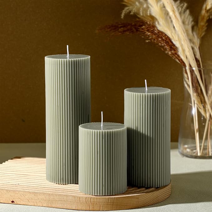 Conelist Ribbed Pillar Candles Set of 3, Width 3" High 4" 6" 8", Bean Green - Image 7