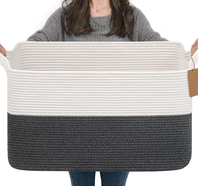 Goodpick 75L Extra Large Woven Rope Blanket Basket, Dark Gray | 22" × 17" × 12" by Goodpick
