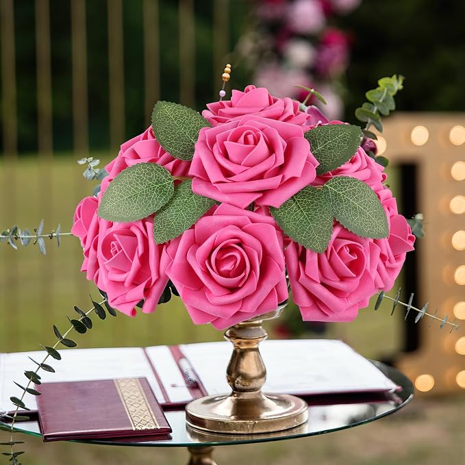 AmyHomie Hot Pink Rose 25pcs Real Looking Artificial Flowers w/Stem | Bouquet - Image 2