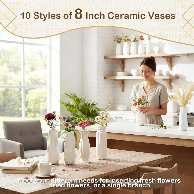 10-Piece 8 Inch White Ceramic Vases Set - Image 2