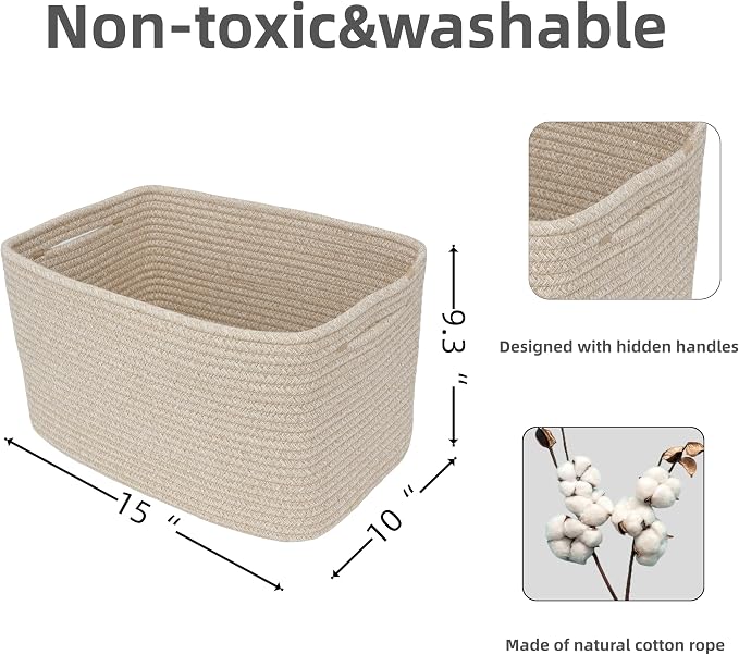 XUANGUO Woven Cotton Rope Storage Baskets 15x10x9.3" 3 Pack Oatmeal | - Image 3