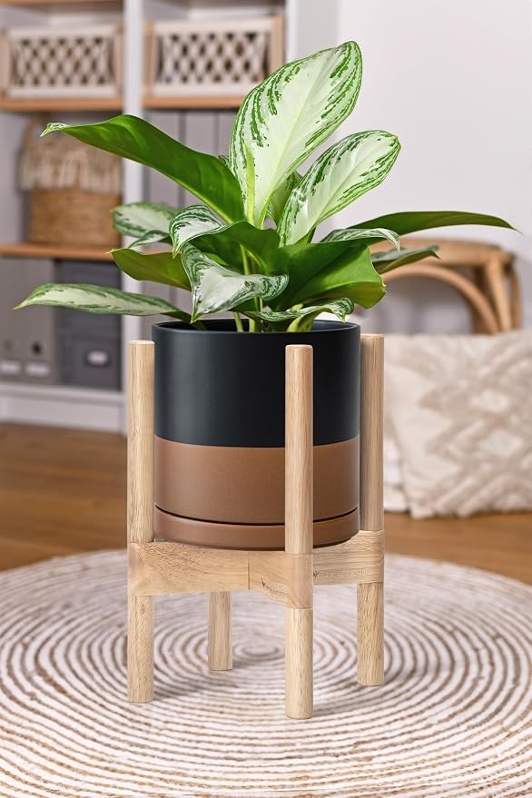 D'vine Dev Ceramic Pot with Natural Wood Stand, 8 in, 55-B-N-7 | Mid-Century - Image 4
