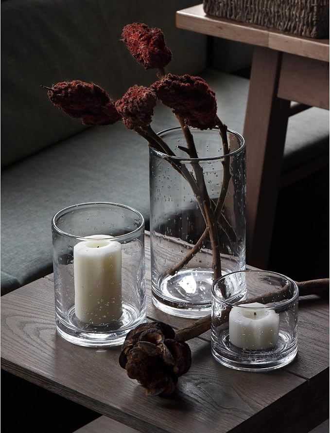 Hurricane Candle Holders Glass Cylinders Set of 3 | Clear Seeded Bubbles - Image 2