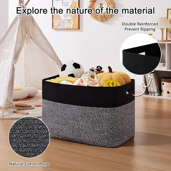 OIAHOMY 108L Extra Large Blanket Basket Dog Toy Basket Grey/Black | Rectangle - Image 5