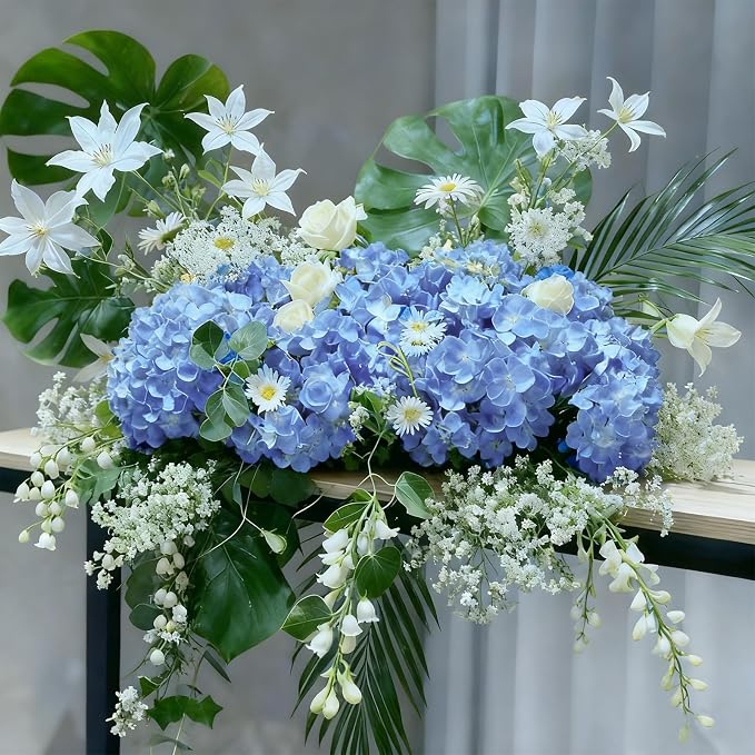 65Pcs Blue Hydrangea Artificial Flowers Bulk，Realistic Silk Fake Flowers - Image 4