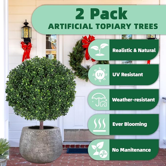 27.5" Artificial Boxwood Topiary Ball Tree, UV Resistant Faux Evergreen Boxwood - Image 3