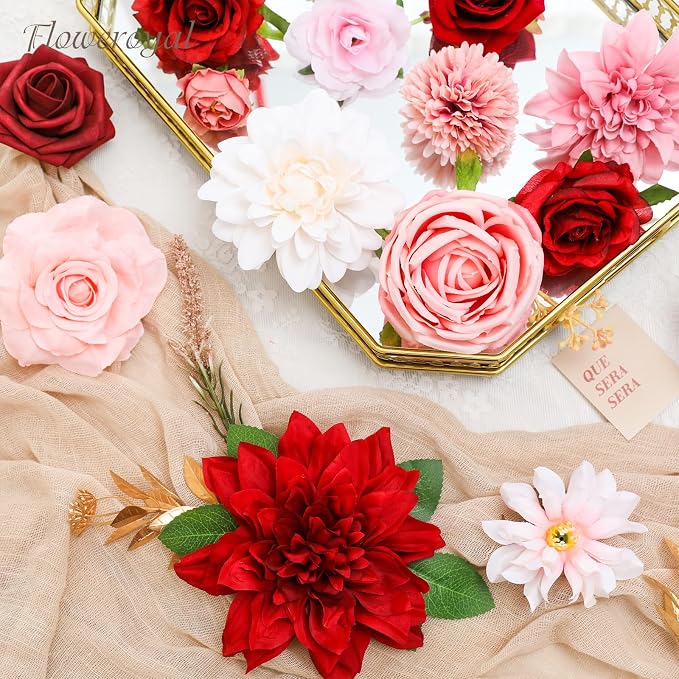 Artificial Flowers Combo Red Flowers Mix Silk Flowers Dahlia Roses - Image 7