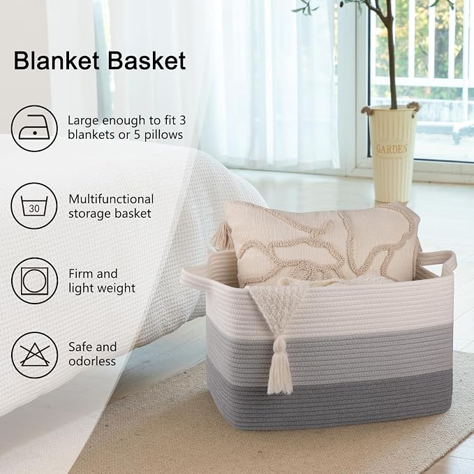 OIAHOMY Woven Blanket Basket Laundry Basket Dog Toy Basket Gradient Grey | - Image 6