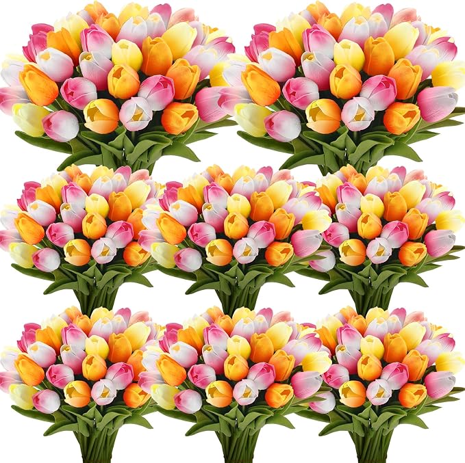Janinka 64pcs Artificial Tulip Flowers Fake PU Tulips Faux Latex Bouquet Flower by Janinka