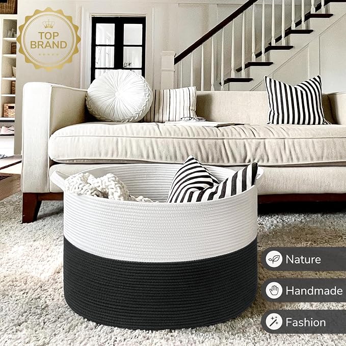 INDRESSME XXXLarge Woven Rope Blanket Basket Living Room White Black, 90L | - Image 7
