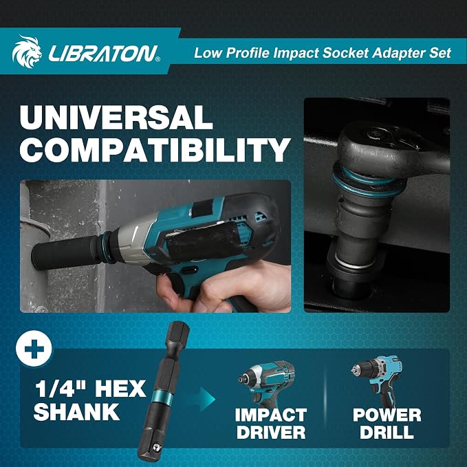 LIBRATON Low Profile Impact Socket Adapter Set, Ratchet and Drill - Image 8