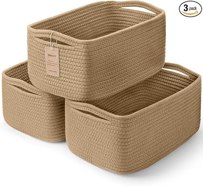 3 Pack Small Storage Baskets for Organizing, 11.8×7.8×5.1", Cotton Rope Basket by MaxuniTechLife