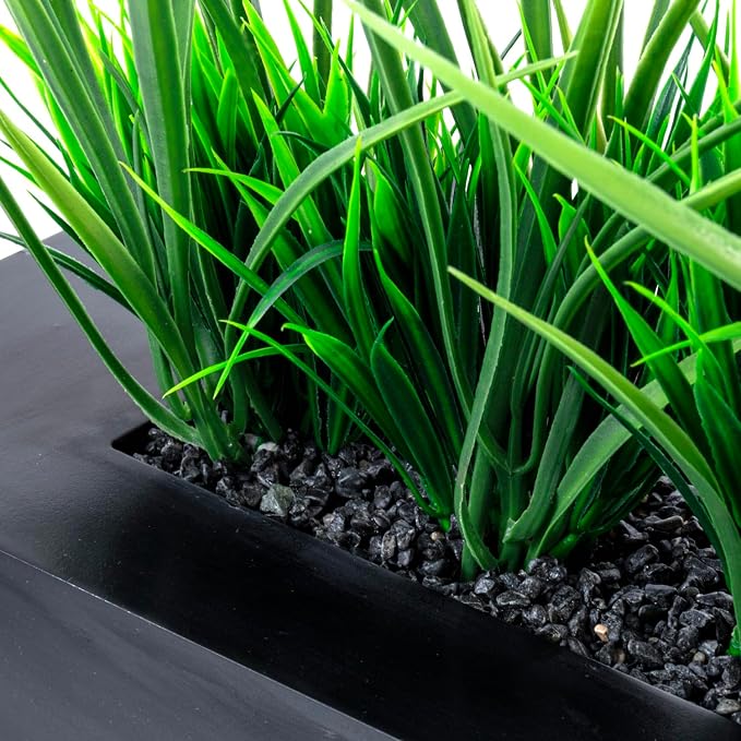 MyGift 14 Inch Artificial Grass Plant in Matte Black Wood Rectangular Pot | - Image 4