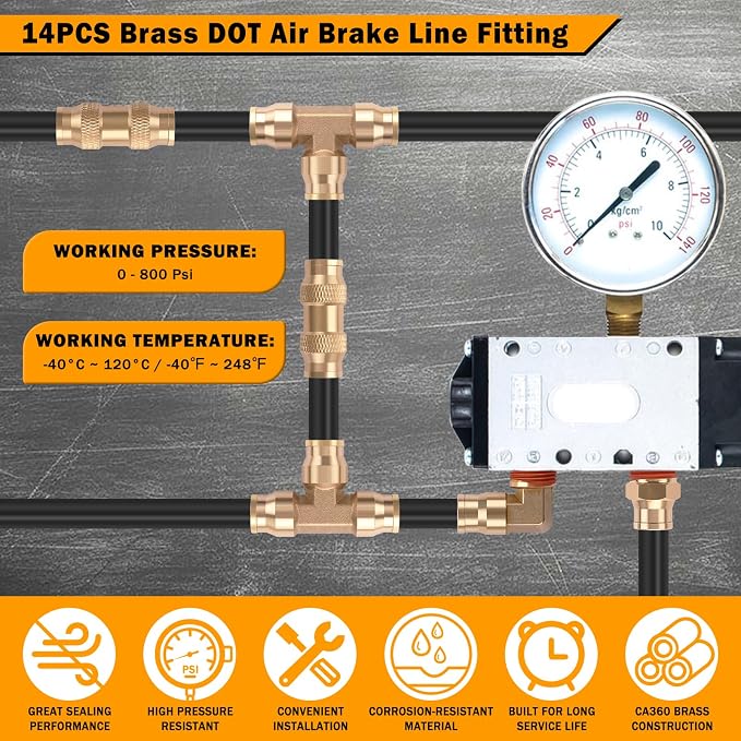 14 Pcs 3/8" Brass DOT Air Line Fittings Kit 1/4" 3/8" DOT Push Lock Air - Image 5