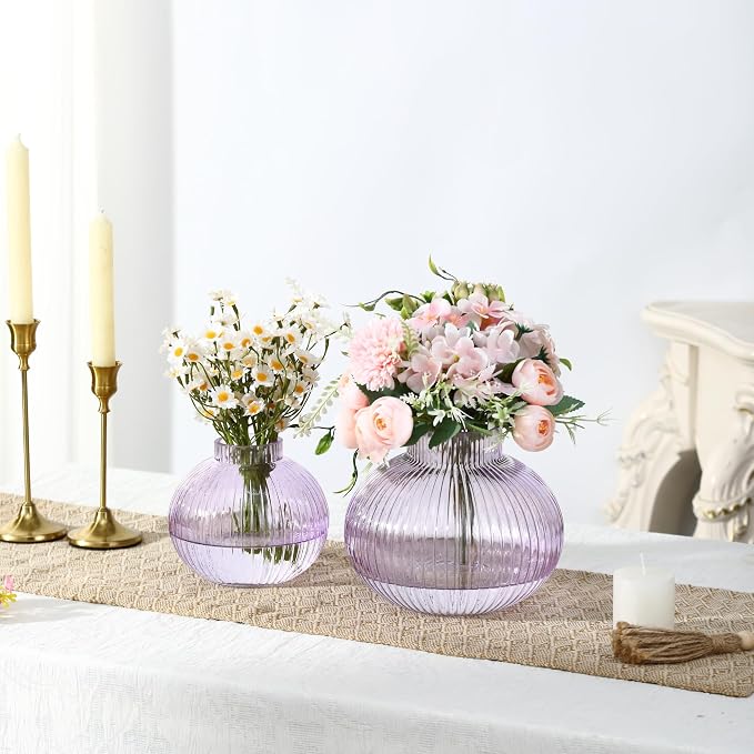 Purple Glass Vases for Tulips, Flower Vases for Bouquet, Ribbed Glass Vase for - Image 2