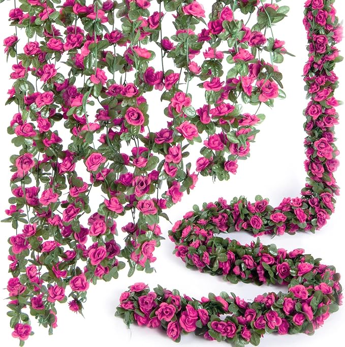 8Pcs x 8.2FT Artificial Flower Garland Rose Vine Decor, Magenta Flower | by PONKING