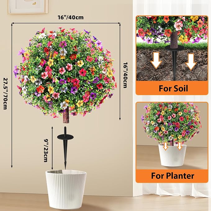 27.5" Artificial Flowers Boxwood Topiary Ball Tree Set of 2, UV Resistant Fake - Image 4