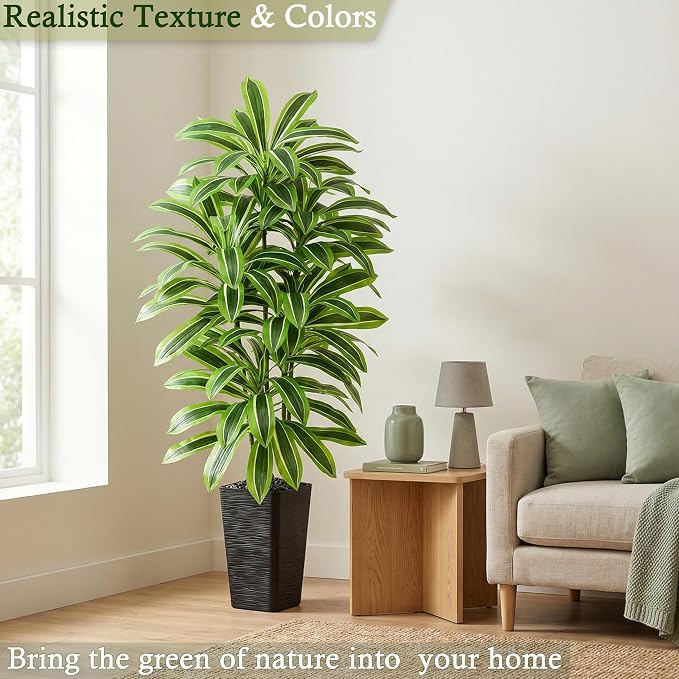 Artificial Dracaena Tree: 5FT Fake Plants Silk Faux Trees（Black Pot） | - Image 8