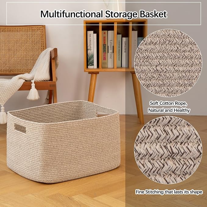OIAHOMY Cotton Rope Basket, Rectangle Woven Nursery Blanket Basket, Toy Storage - Image 4